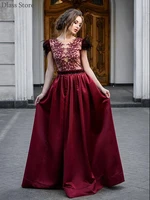 wine red elegant prom dress o neck satin lace illusion top a line floor length feathers sexy backless evening dress %d0%bf%d0%bb%d0%b0%d1%82%d1%8c%d0%b5 2021