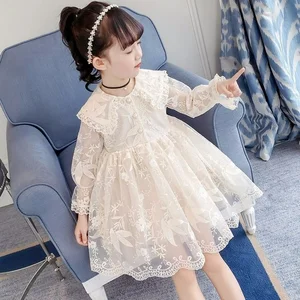 White Lace Girls Dress Spring & Autumn New Mesh Button Turn-Down Collar Print Princess Children Clothes Top Quality