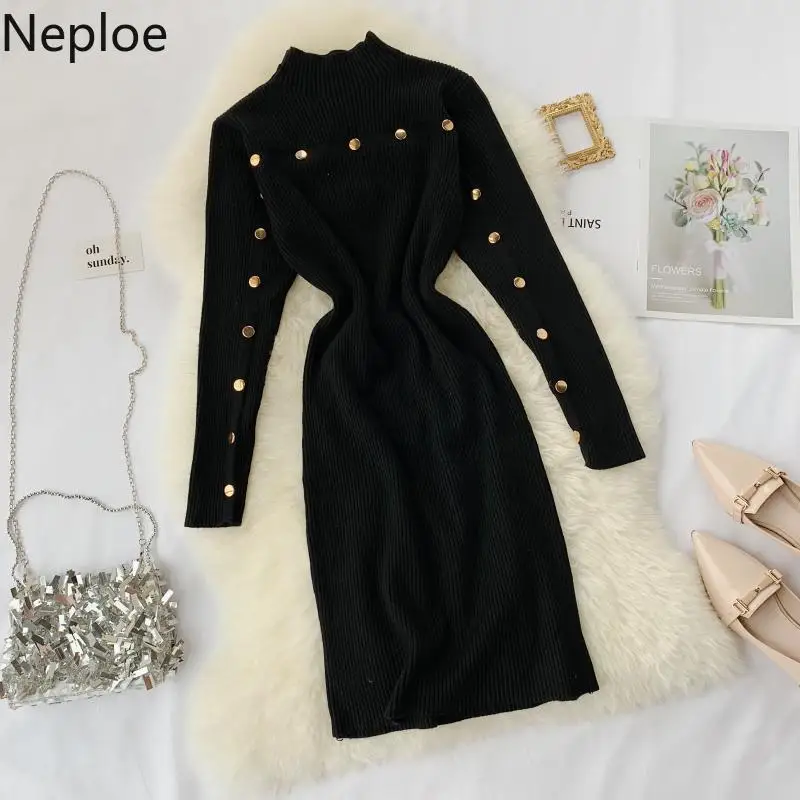 Neploe французский стиль Heben Vestido водолазка с заклепками однотонное приталенное