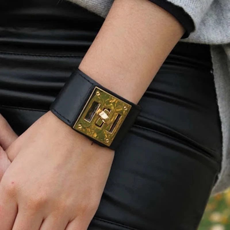 

TOTABC Fashion Punk Wide Leather Bracelets & Bangles For Women Cuff Bracelet Statement Jewelry Valentines Gift