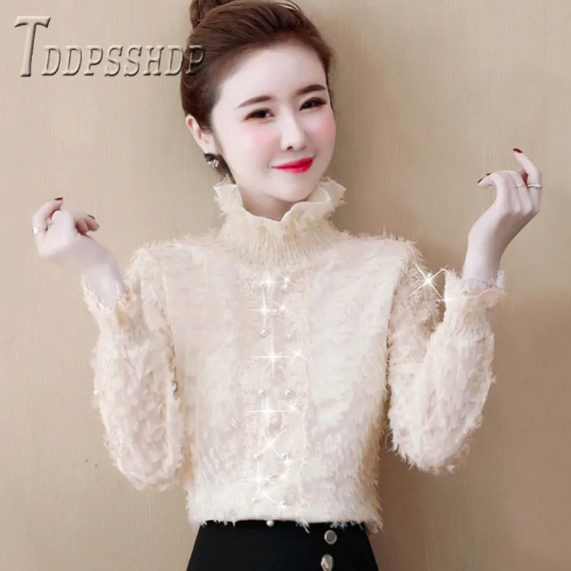 

2019 Autumn Winter Lining With Fluff Women Blouse Warm Elegant Female Bottoming Blouses