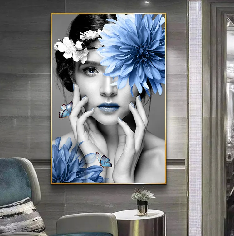

Wall decpr nordic minimalist creative posters beauty blue flower photography figure canvas painting wall art pictures home decor