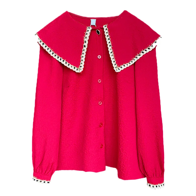 

Lucyever 2021 Spring Sweet Peter Pan Collar Shirt Women Vintage Red Lantern Sleeve Chiffon Blouse Office Lady Button Up Shirt