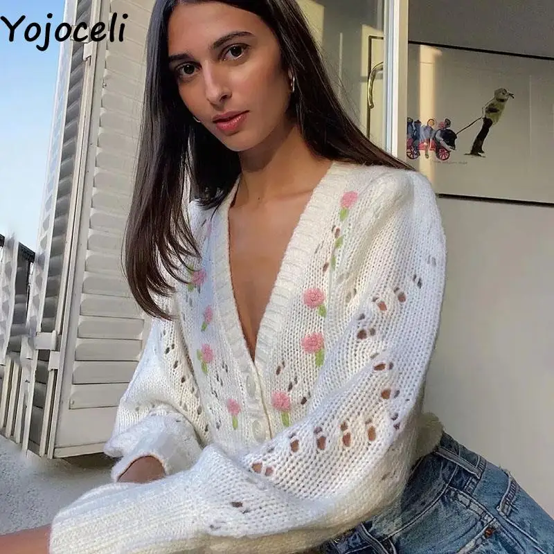 

Yojoceli Hollow out embroidery women sweater cardigan Casual fashion cute knitted outerwear Autumn beige female sweet outerwear