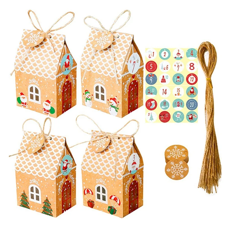 

24 Sets Christmas House Gift Box Kraft Paper Cookies Candy Bag Snowflake Tags 1-24 Advent Calendar Stickers Hemp Rope