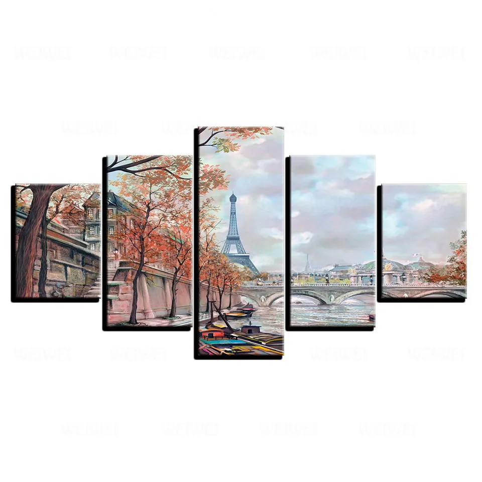 

Decor Living Room Wall Printed Artworks Landscape Frame 5 Pieces Paris Tower Bridge Paintings Art Modular Pictures Canvas Poster