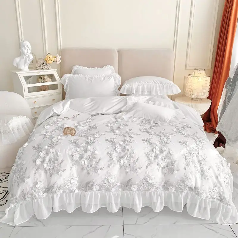 

Romantic Princess Wedding Lace Flowers Embroidery Egyptian Cotton Bedding Set Quilt/Duvet Cover Bedspread Bed Linen Pillowcases