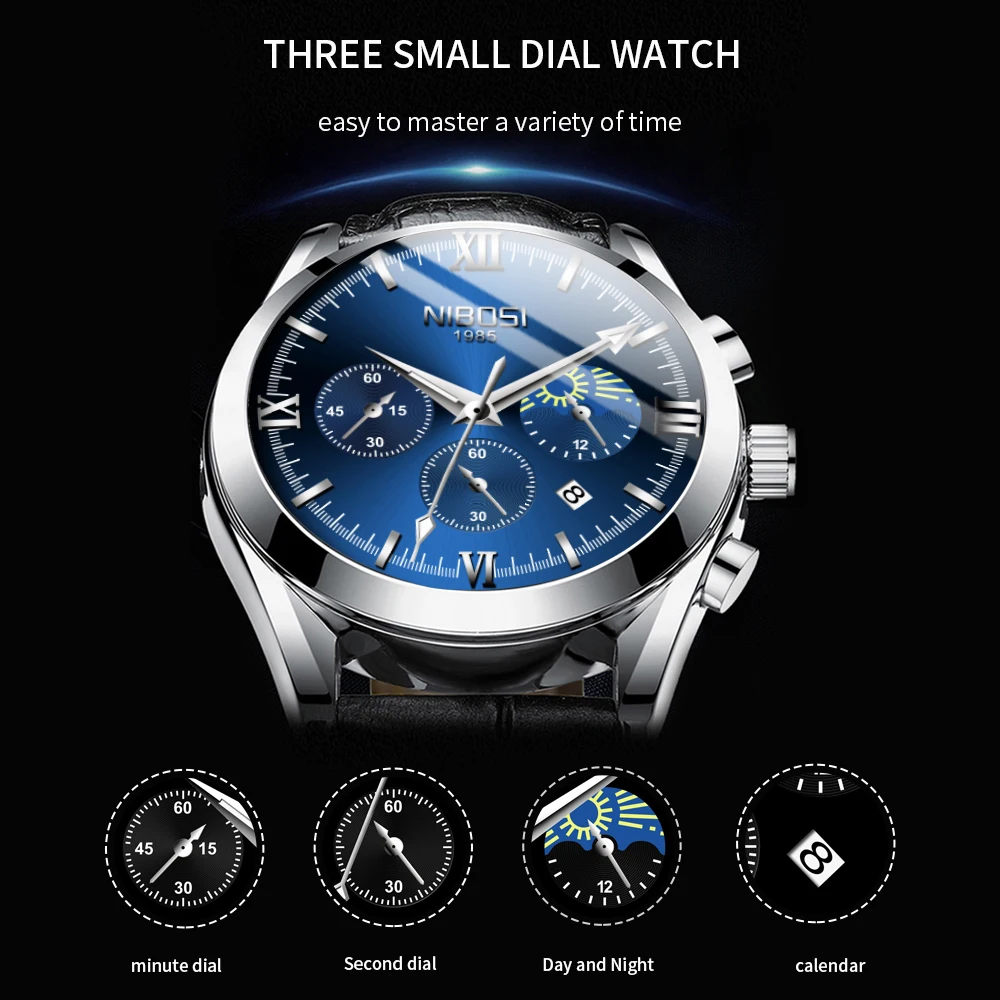 Новинка 2021 Роскошные мужские часы NIBOSI из нержавеющей стали водонепроницаемые