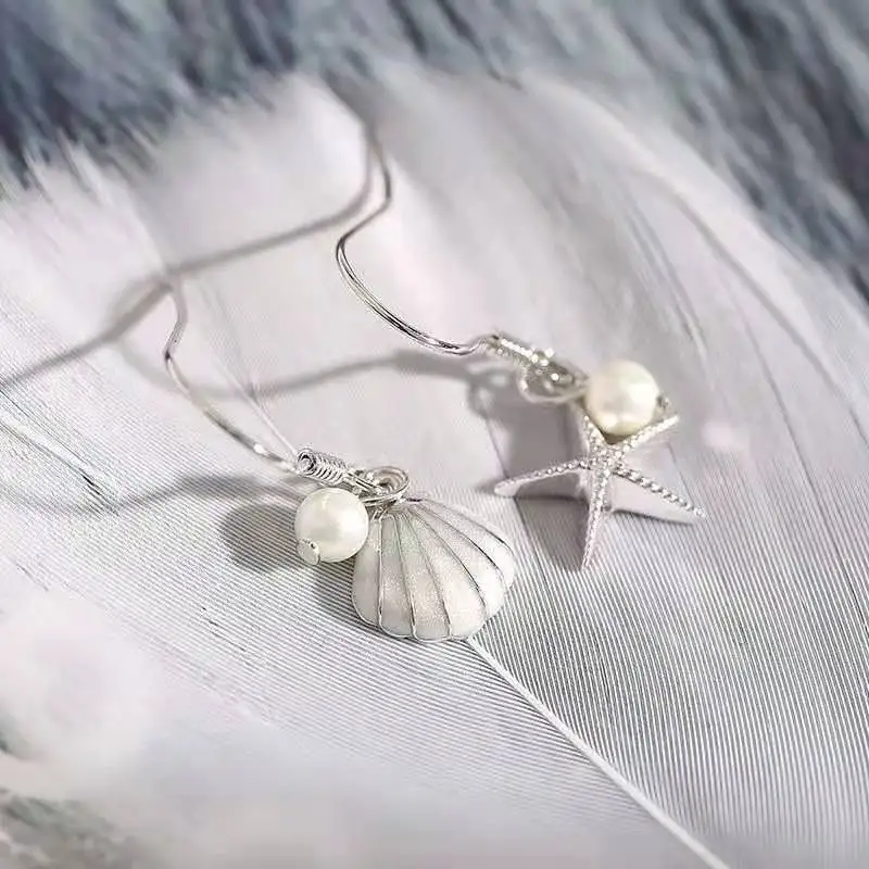 

Fashion 925 Silver Earrings New Starfish Shell Pearl Asymmetrical Earrings Ladies Luxury Jewelry Gift Free Shipping
