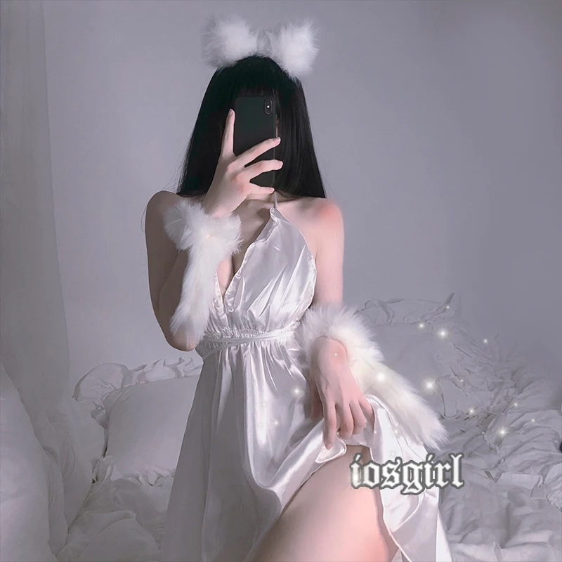 

Women Night Gown Girl Halter Nightdress Sleepwear Faux Silk Nightgowns Satin Lingerie Set Sexy Backless Lace Sleeping Dress