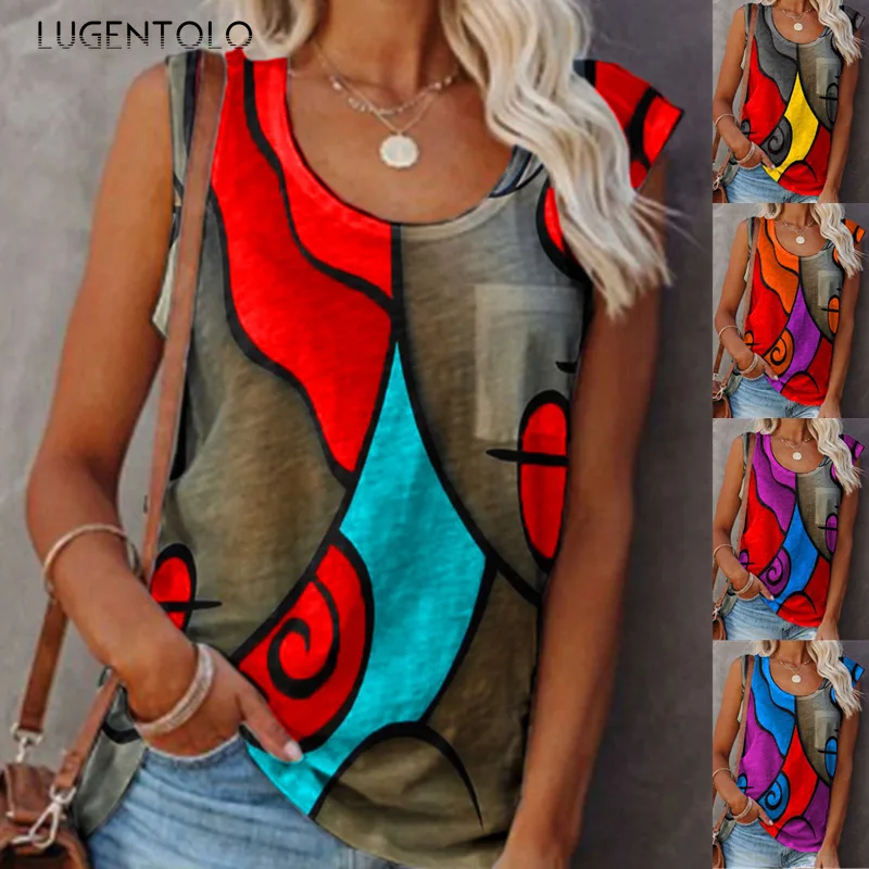 

Lugentolo Summer Tanks Women Tops Large Size Vest Sleeveless Print Female Casual O-neck Loose Tee Fashion Street Tanks