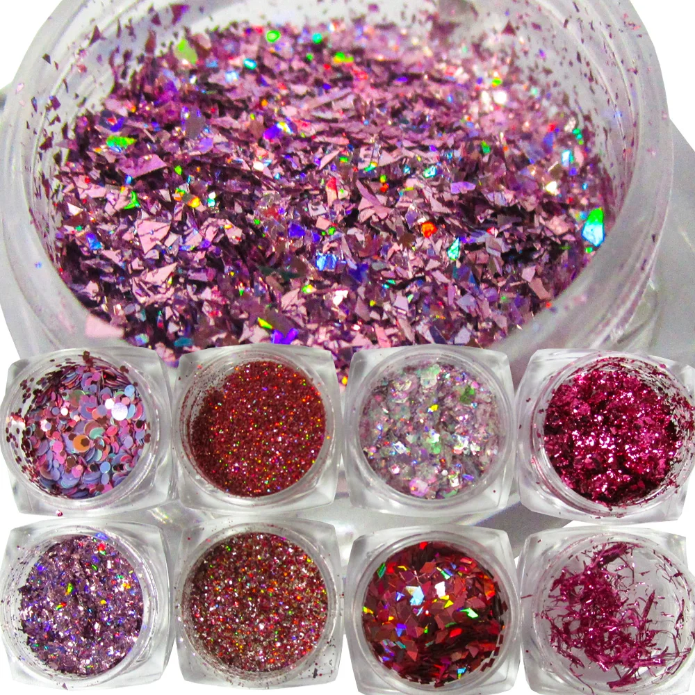 8 баночек Голографическая фольга для ногтей блестки и порошок розовое золото