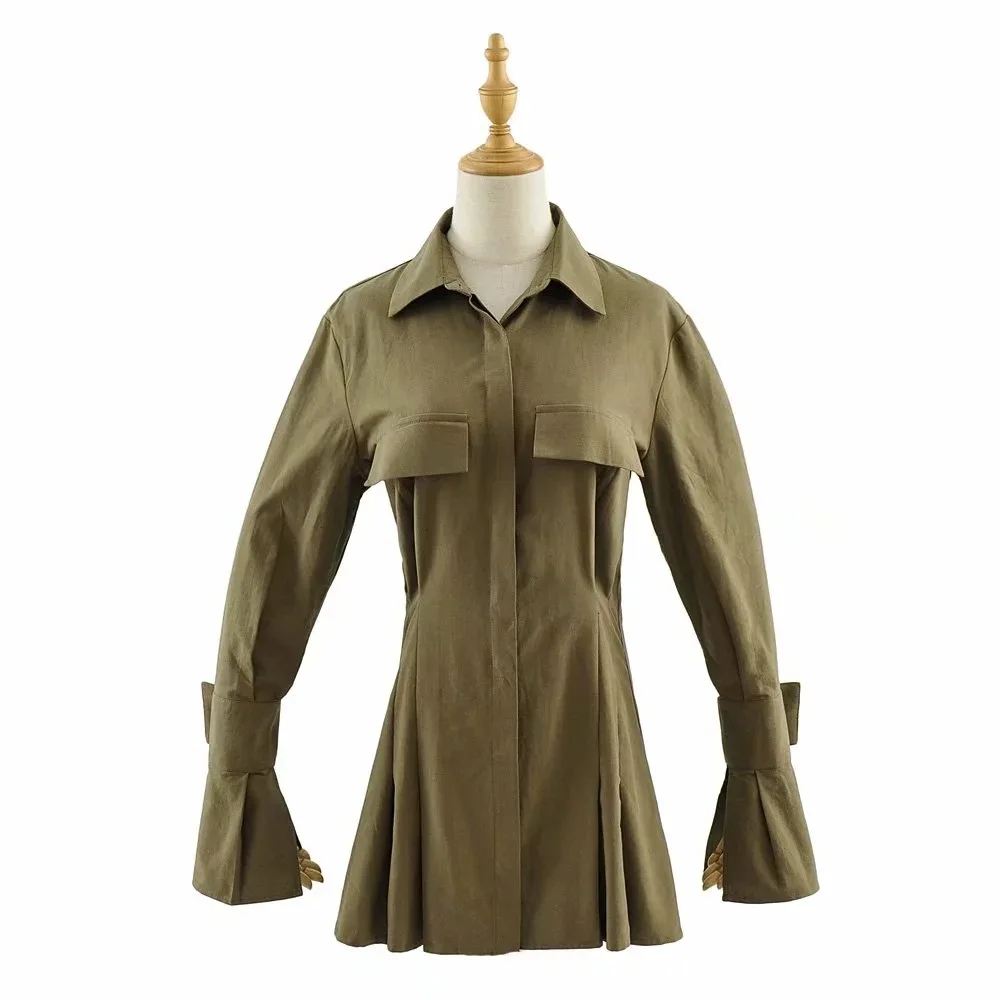

2020 New Long Sleeve Solid Women Shirt Dress Female Sexy Mini Turn-down Collar Pleated Bodycon Slim Basic Ruched Short Dress