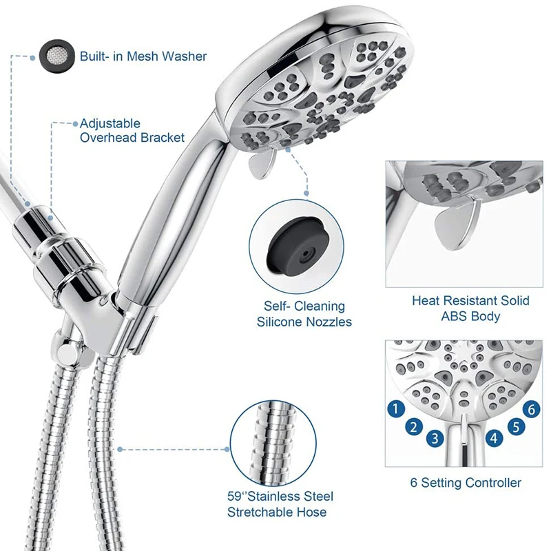 

6 Functions Handheld Shower Head Set, High Pressure Shower Head High Flow Hand Held Showerhead Set with Hose Bracket