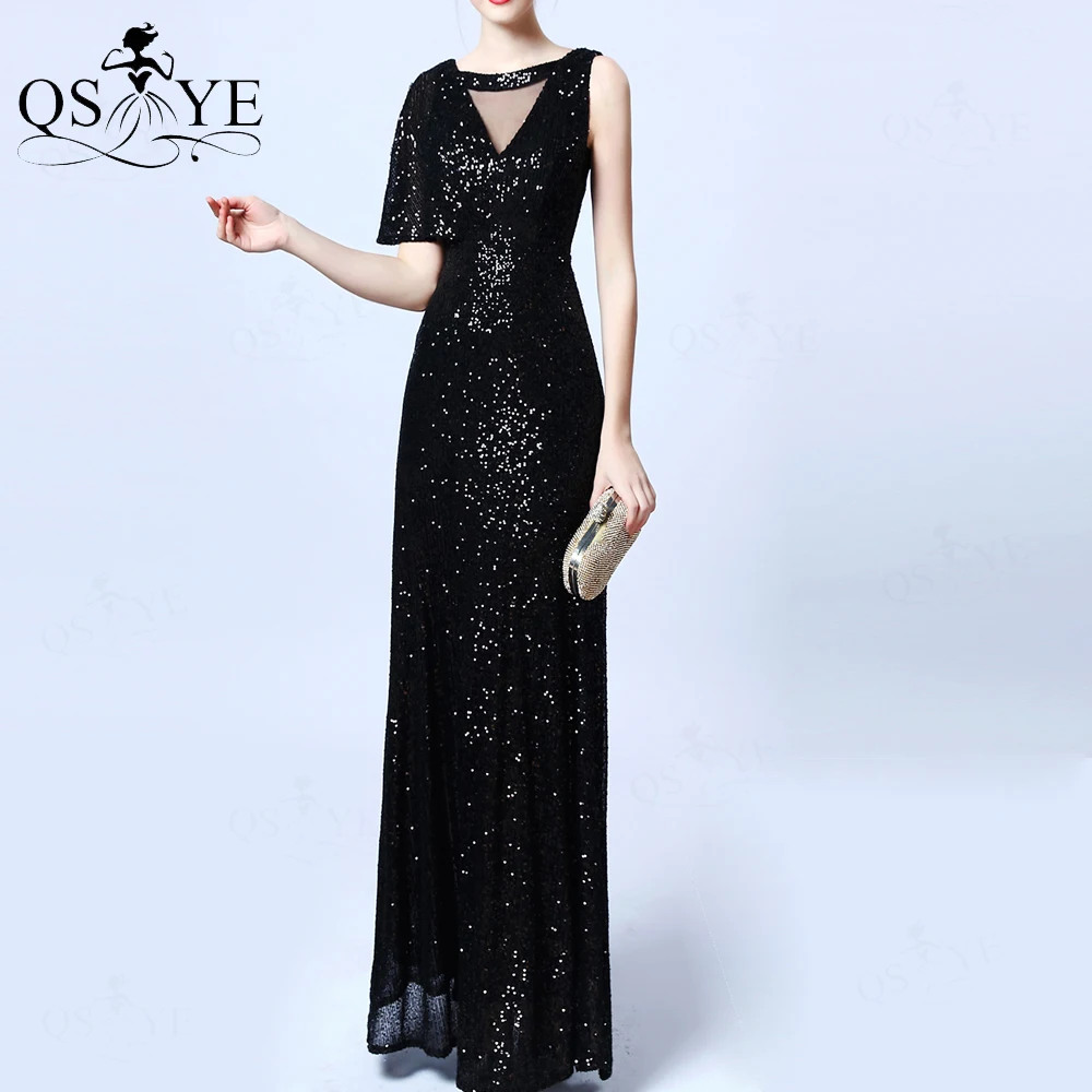

Bat Sleeves Black Evening Dresses One Shoulder Sequin Mermaid Prom Gown Elegant Scoop Neck Glitter Formal Party Dress Vestido
