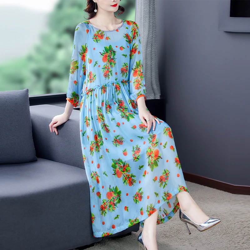 

Женский пляжный сарафан средней длины, повседневное свободное платье в стиле бохо из шелка тутового шелкопряда с цветочным принтом, размер...