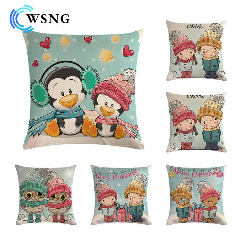

45*45cm Cartoon Couple Printed Linen Pillowcase Office Sofa Chair Home Decor Cushion Cover