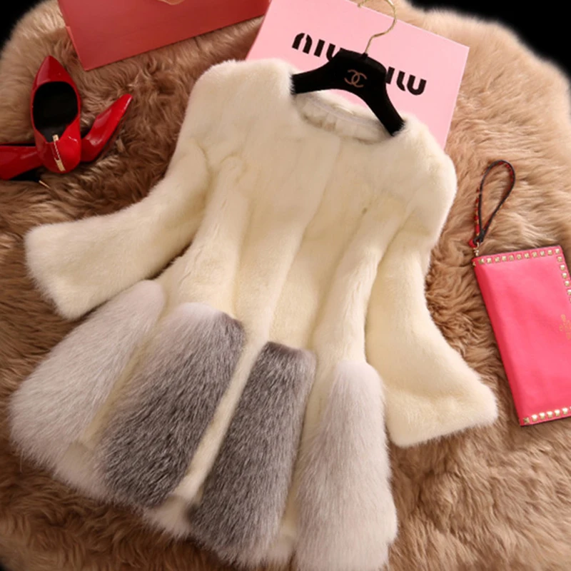 High Quality Faux Mink Fur Splice Fox Fur Coat Women New Faux Fur Jacket White Winter Female Warm Thick Fur Coats Plush Jacket