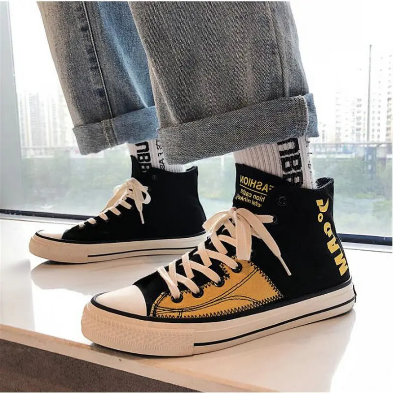 

Boy Fashion Breathable Canvas Sneakers Lace-Up Comfortable black Shoes New Spring High Top Men Casual Vulcanize Shoes A55-11