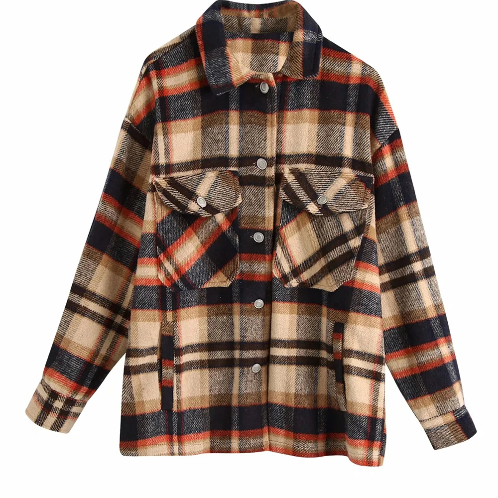 

Shirt Plaid Oversize Turn-Down Collar Leisure Fashion Long Sleeves Soft Chic Style Tops Loose Outwear 14 Colors Streetwear S9109