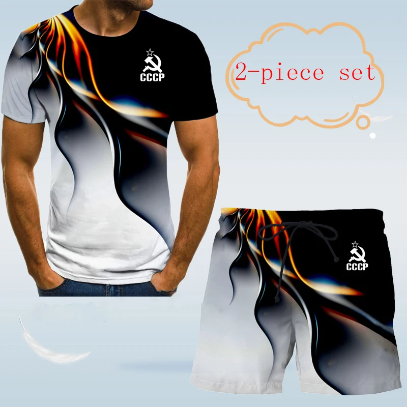 

Men's 3DT Shirt Suit Flame Harajuku Street Wear Fashion O-Neck Short-Sleeved + Beach Pants Oversized Shorts 2-Piece Set