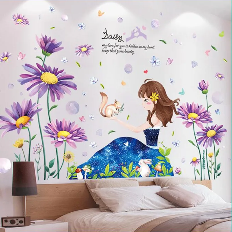 

Purple Flower Plants Wall Stickers DIY Cartoon Girl Mural Decals for Living Room Kids Bedroom Kitchen Nursery Home Decoration