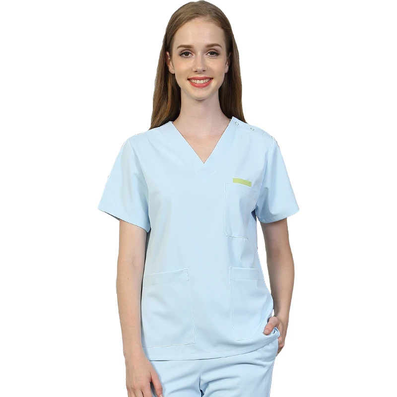 

Women's Silky Scrub Uniform Nursing Workwear Light Blue Scrubs Set Anti-static Top and Pant V Neck Working Suits 301-6