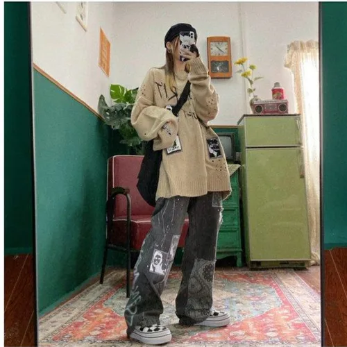 

2021 Skater Style Indie Boyfriend Baggy Pants 90s skater jeans Y2k Streetwear Teen Fashion Pockets Wide Legs High Waist Trousers