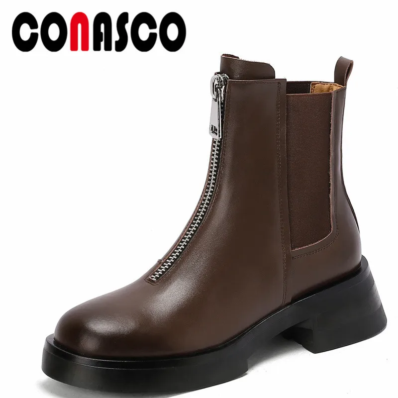 

CONASCO Retro Rome Women Ankle Boots Autumn Winter Warm Cow Leather Party Basic Prom Office Boots Concise Punk Shoes Woman