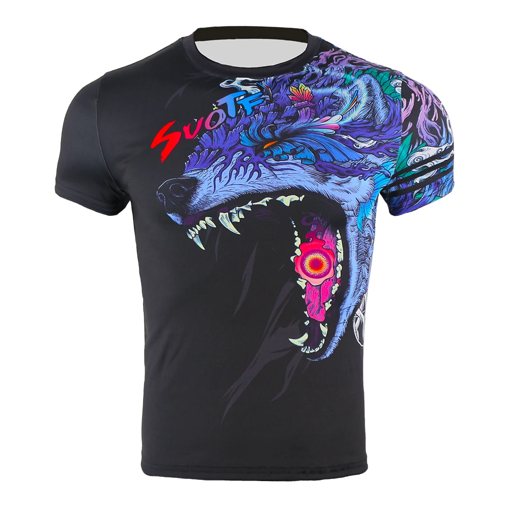 SUOTF-Camiseta de compresión para hombres, camisa de entrenamiento de lucha de lobo rugiente, MMA, Tiger, Muay Thai, Kickboxing, Jiu Jitsu, Rashguard