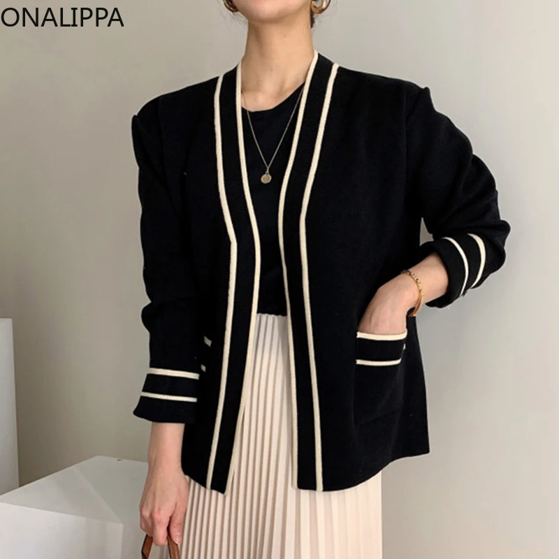 

Кардиган ONALIPPA Женский, свободный плотный вязаный жакет с двойными карманами и длинным рукавом, французская темпераментная контрастная рас...