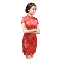 70 hot sell women chinese dragon phoenix embroidery high neck short sleeve split mini dress