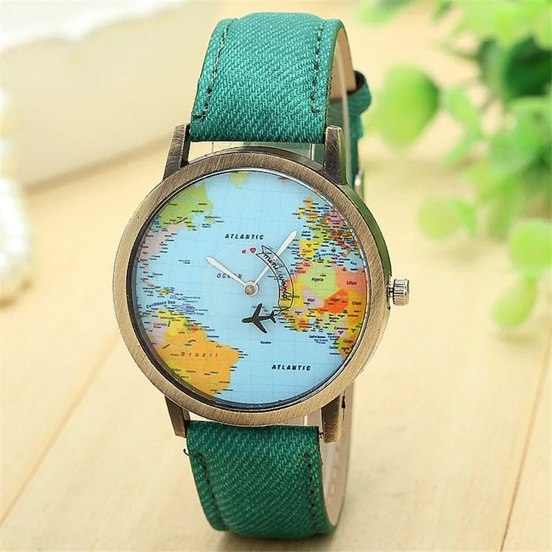 

Cool World Fashion Quartz Watch Men Unisex Map Airplane Travel Around The World Women Leather Dress Wrist Watches D30