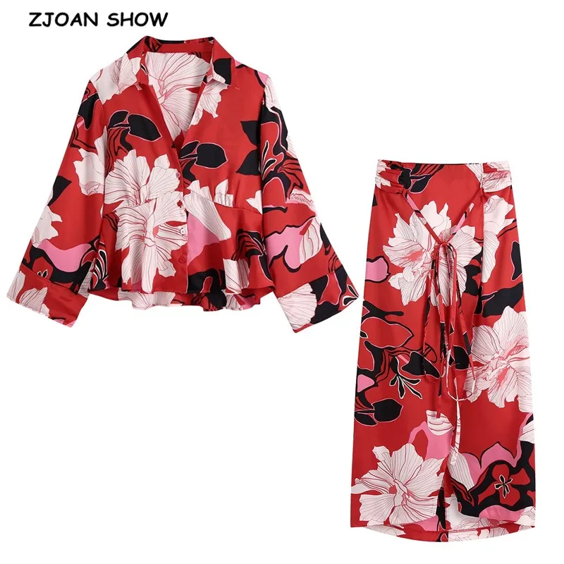 

Женская рубашка-кимоно с цветочным принтом, красная блузка на пуговицах с V-образным вырезом и расклешенными длинными рукавами, юбка с разре...
