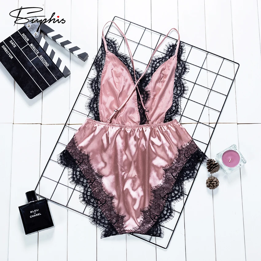 Женский Атласный комбинезон с открытой спиной и кружевной отделкой сексуальный