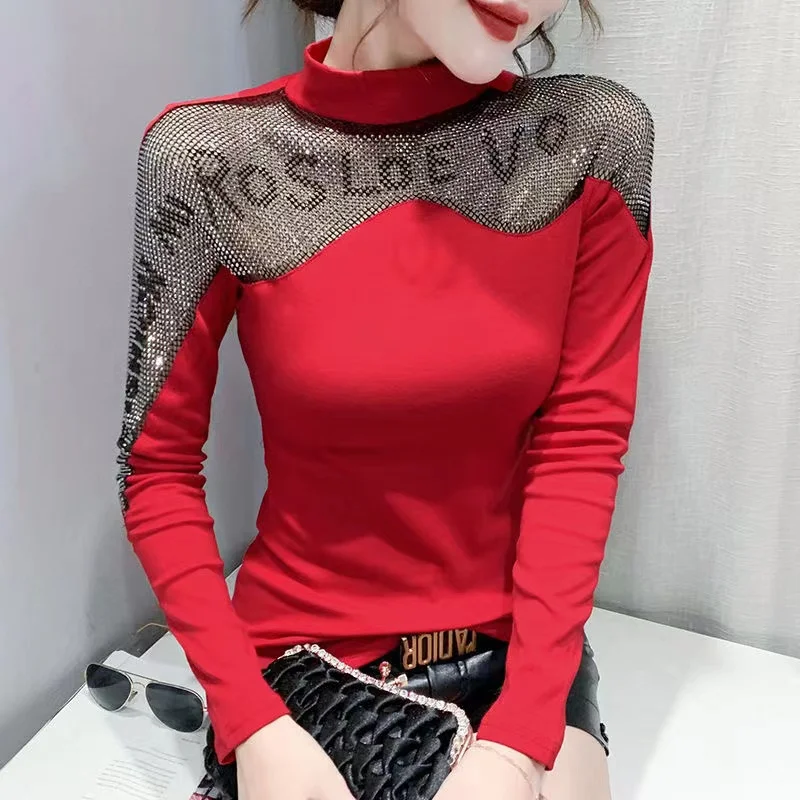 

Fashion Hollow Out Mesh Diamond Slim Fitting Bottomed Long Sleeves