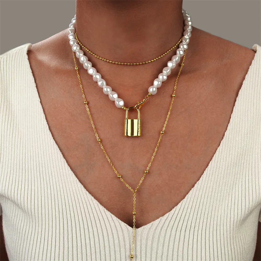 

Fashion Pearl Clavicle Chain Choker Necklace For Women Men Punk gothic Stainless Steel Lock Pendant Necklace Goth Collar collier