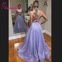 sukienka dluga wieczorowa sparkle two piece evening dresses lavender sleeveless a line sequins robe de soiree dress party 2020