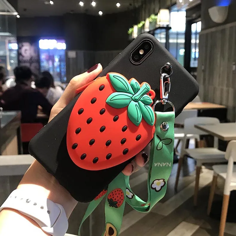 BlackStawberry Кошелек, силиконовый чехол для телефона, для iPhone X, XR, XS, MAX, 7, 8, 6, 6S Plus, милый, 3D, стежок, мультяшная сумка для Apple, iPhone, 11 Pro, Max, роскошный - Цвет: BlackStawberry