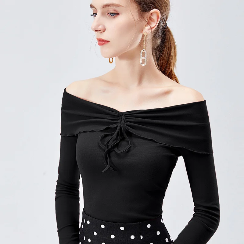 Осень новинка 2019 модные сексуальные с открытыми плечами топы футболки длинными