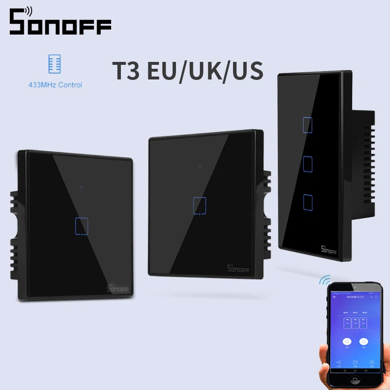 

SONOFF TX T3 EU/UK/US Smart Wall Touch Switch 1/2/3 Gang 433mhz RF Wifi/Voice Remote Control Smart Switch Work for Alexa/Google