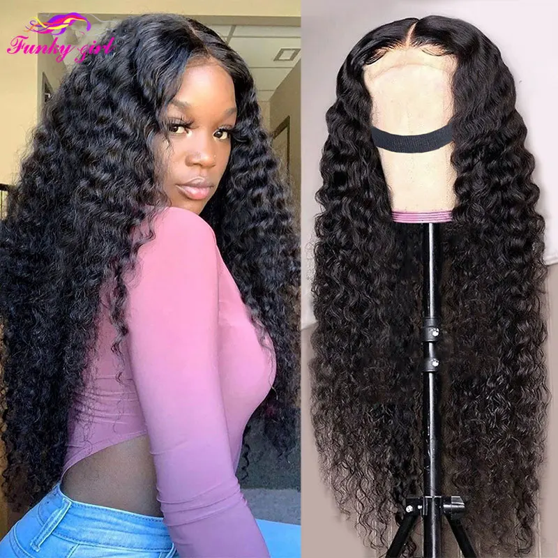 Funky Girl Transparent Kinky Curly Lace Part Human Hair Wigs Peruvian Curly T Part Wig For Black Women Remy Hair 13X1 Lace Wig