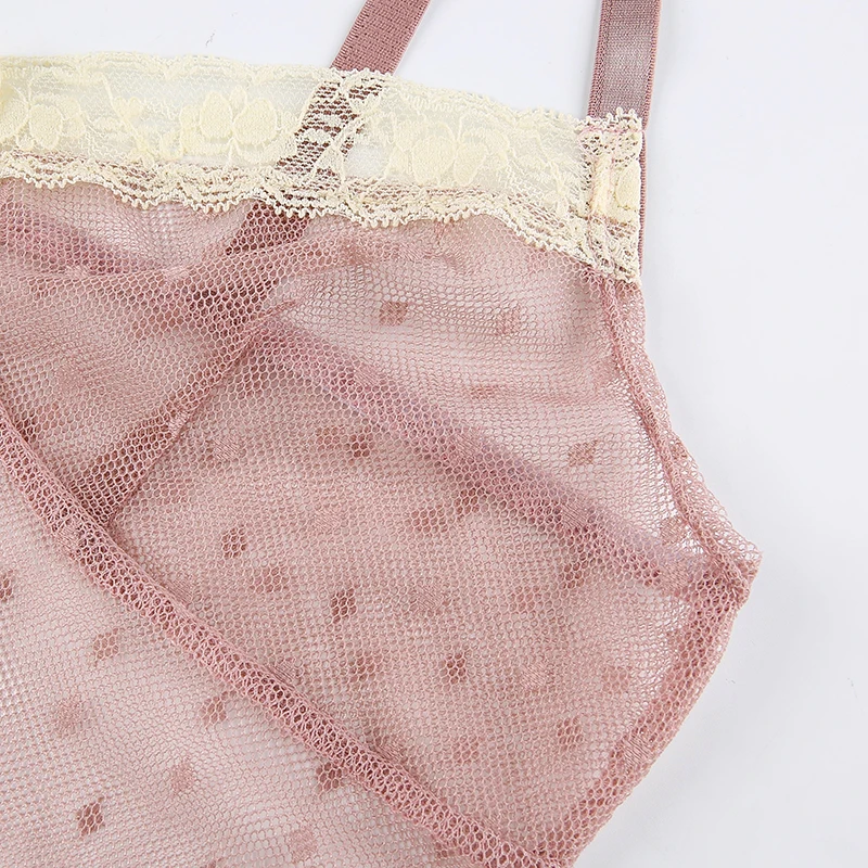 

IAMSURE Lace Trim Brown Camisoles See Through Mesh Tank Top Bow Deep V Neck Spaghetti Straps Tops Sexy Cute Casual Streetwear