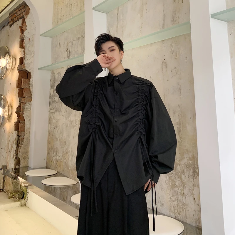 Рубашка мужская плиссированная с длинным рукавом свободная повседневная