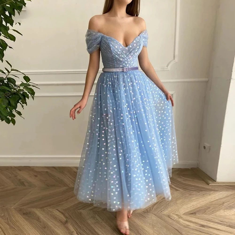 

Charming Graduation Dresses Tulle Pleat Sweetheart Off-Shoulder Sashes Zipper Ball Gowns Novia Do 2021 Party New Light Blue