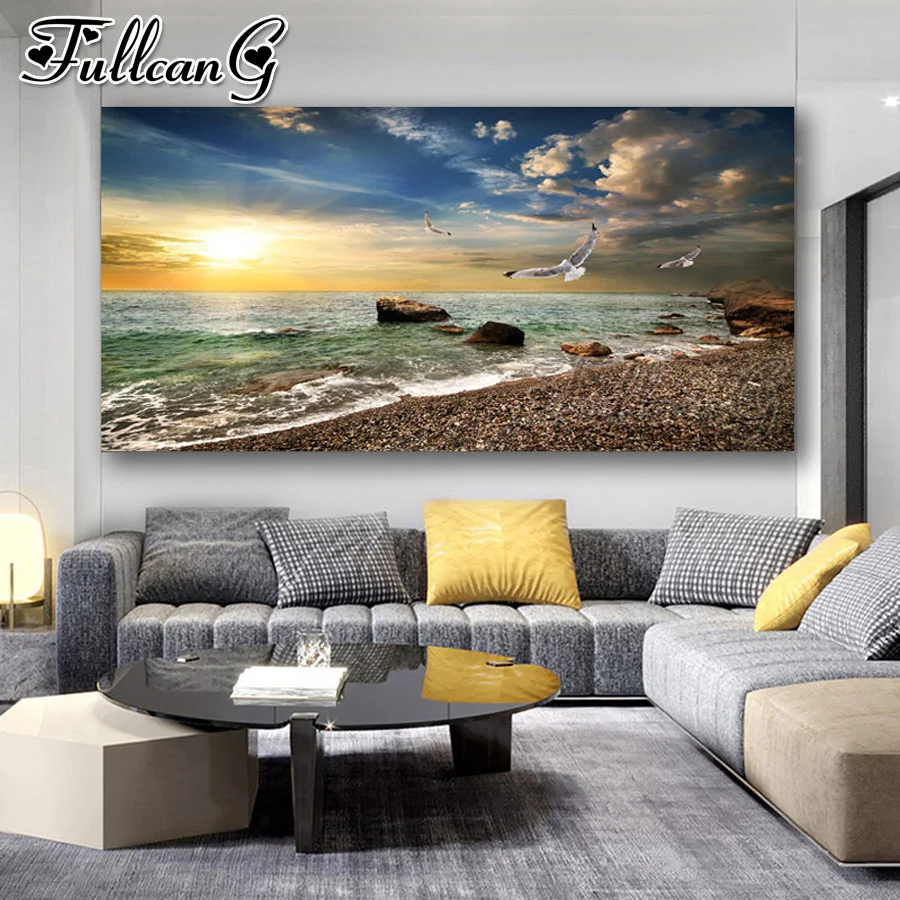 

FULLCANG Sunset natural sea landscape large diamond painting 5d diy full square round drill mosaic embroidery sale decor FC2863