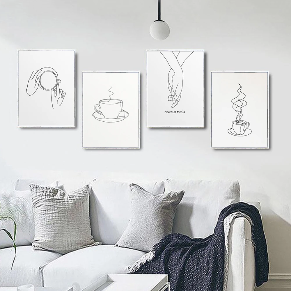 Плакат с кофейной чашкой рисунок черная и белая ручная линия искусство на холсте