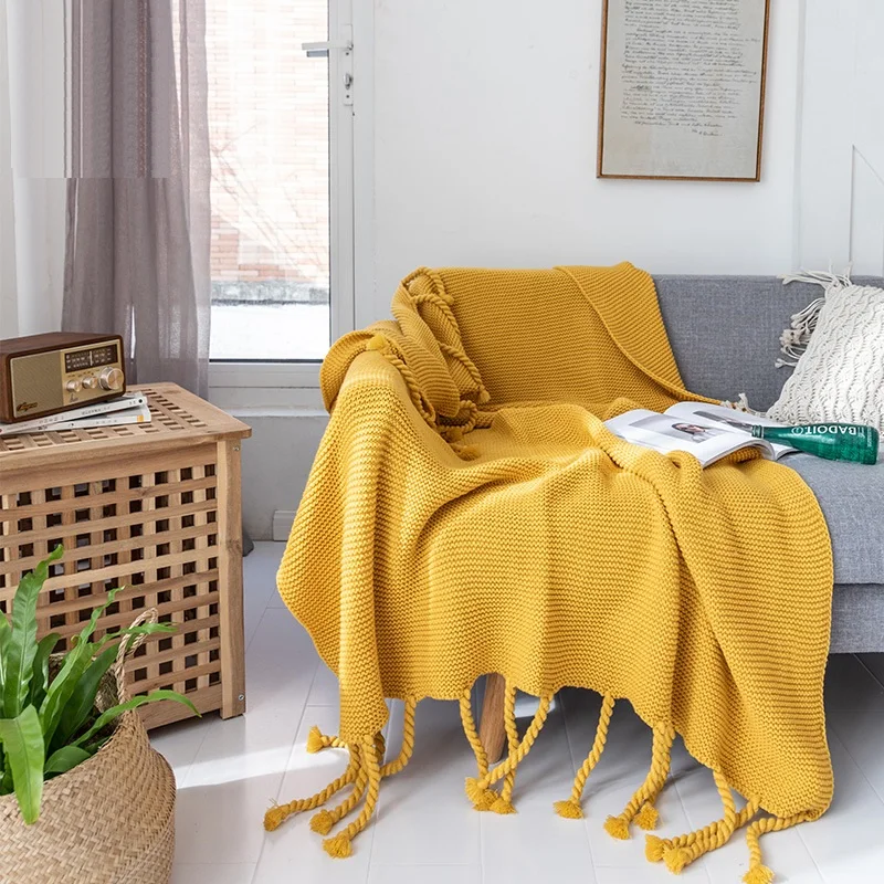 

Bonenjoy Knitted Blanket Yellow Color Hand Made Thread Blanket with Tassel Thow Blanket on Sofa Single Size Sofa Plaid Queen