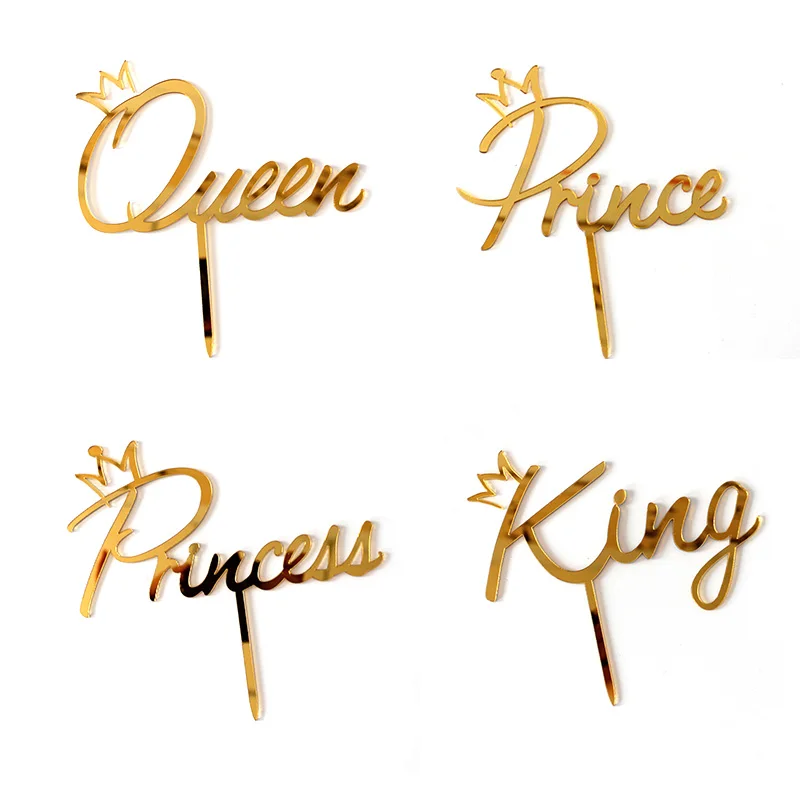 Prince Princess Acrylic Happy Birthday Cake Topper Gold Mirror King Queen Wedding Cake Topper For Birthday Party Cake Decoration