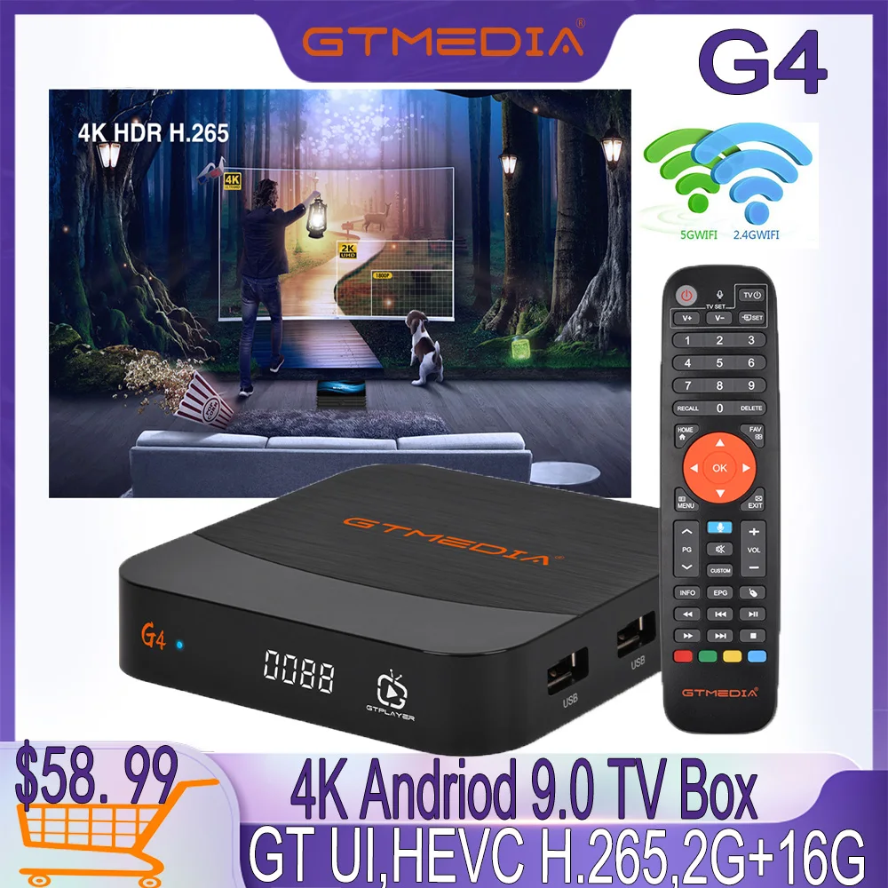 

ТВ-приставка GTMEDIA G4, Android 9,0, 2 + 16 ГБ, 4 ядра, 2,4 ГГц, Wi-Fi